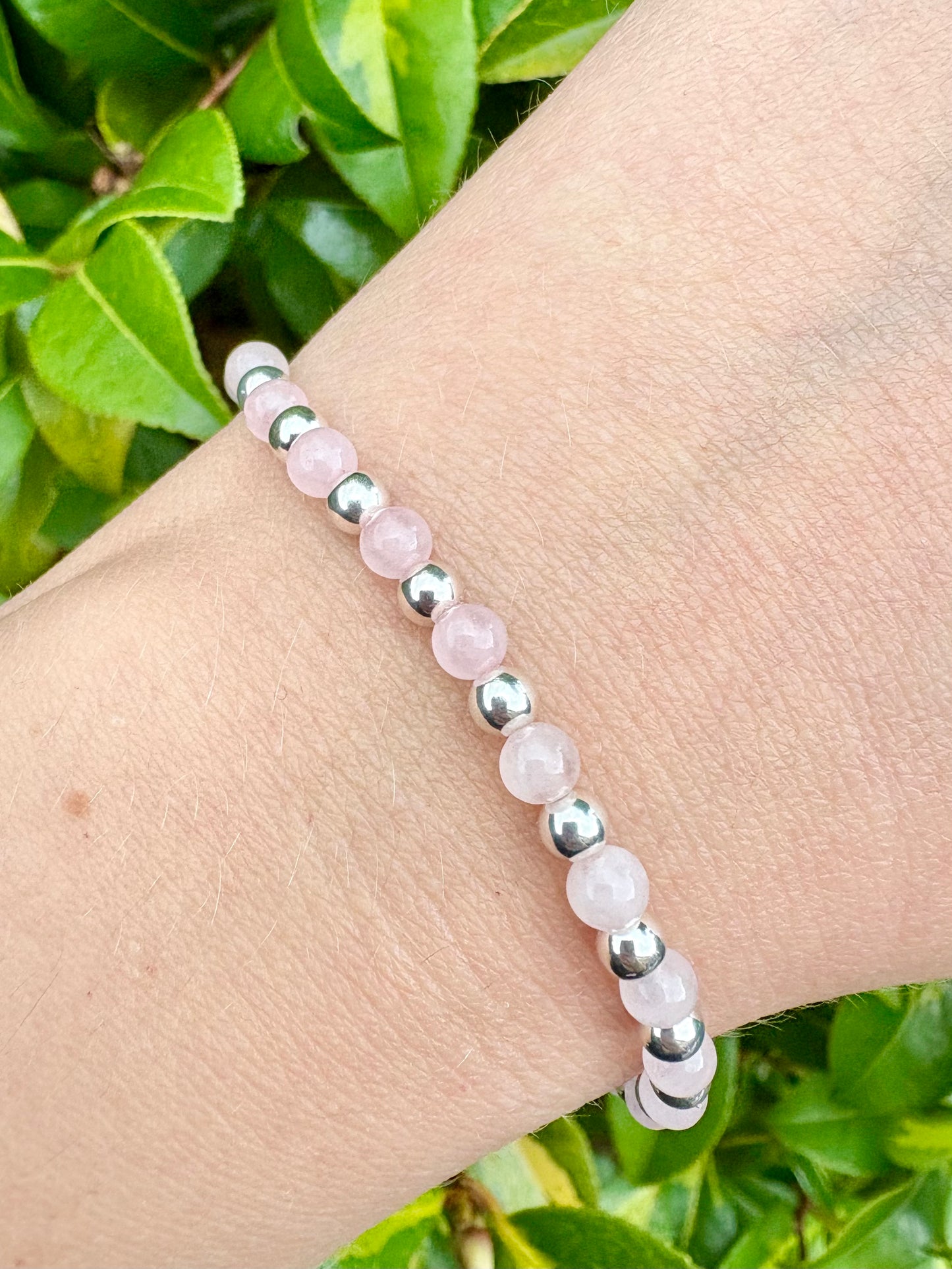 Rose Quartz & Sterling Silver Beaded Stretch Bracelet - SALE