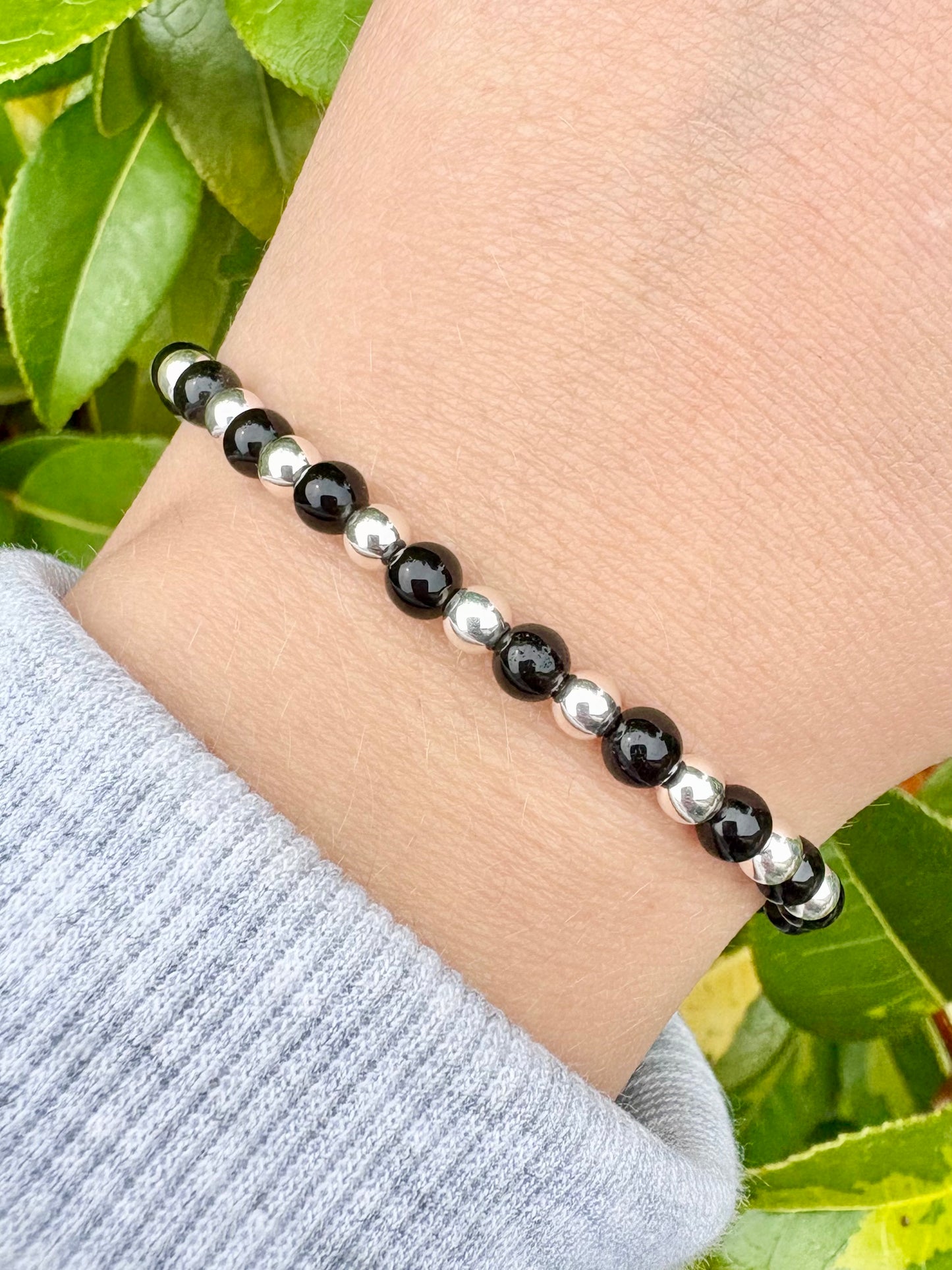 Black Onyx & Sterling Silver Beaded Stretch Bracelet - SALE