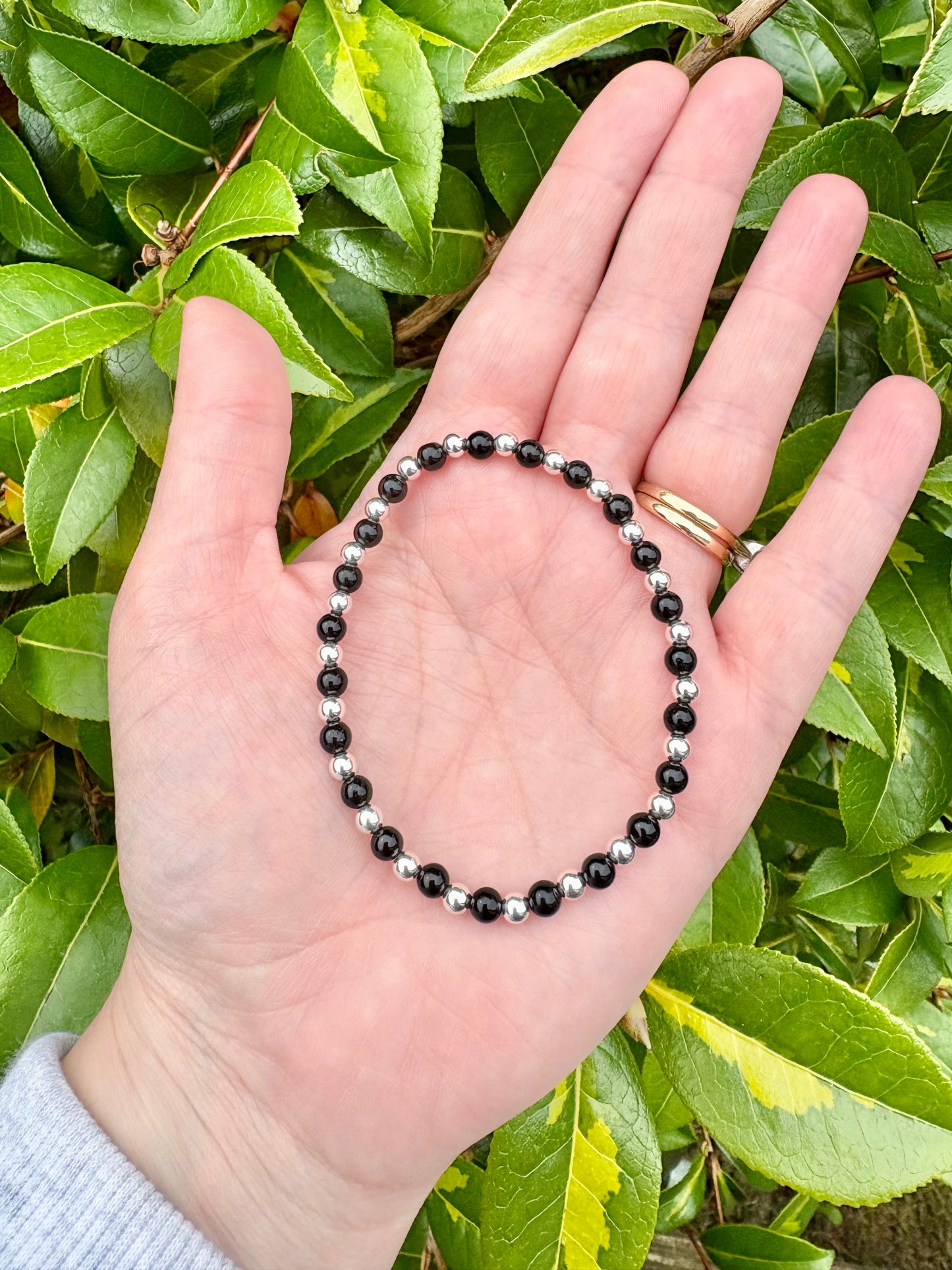 Black Onyx & Sterling Silver Beaded Stretch Bracelet - SALE