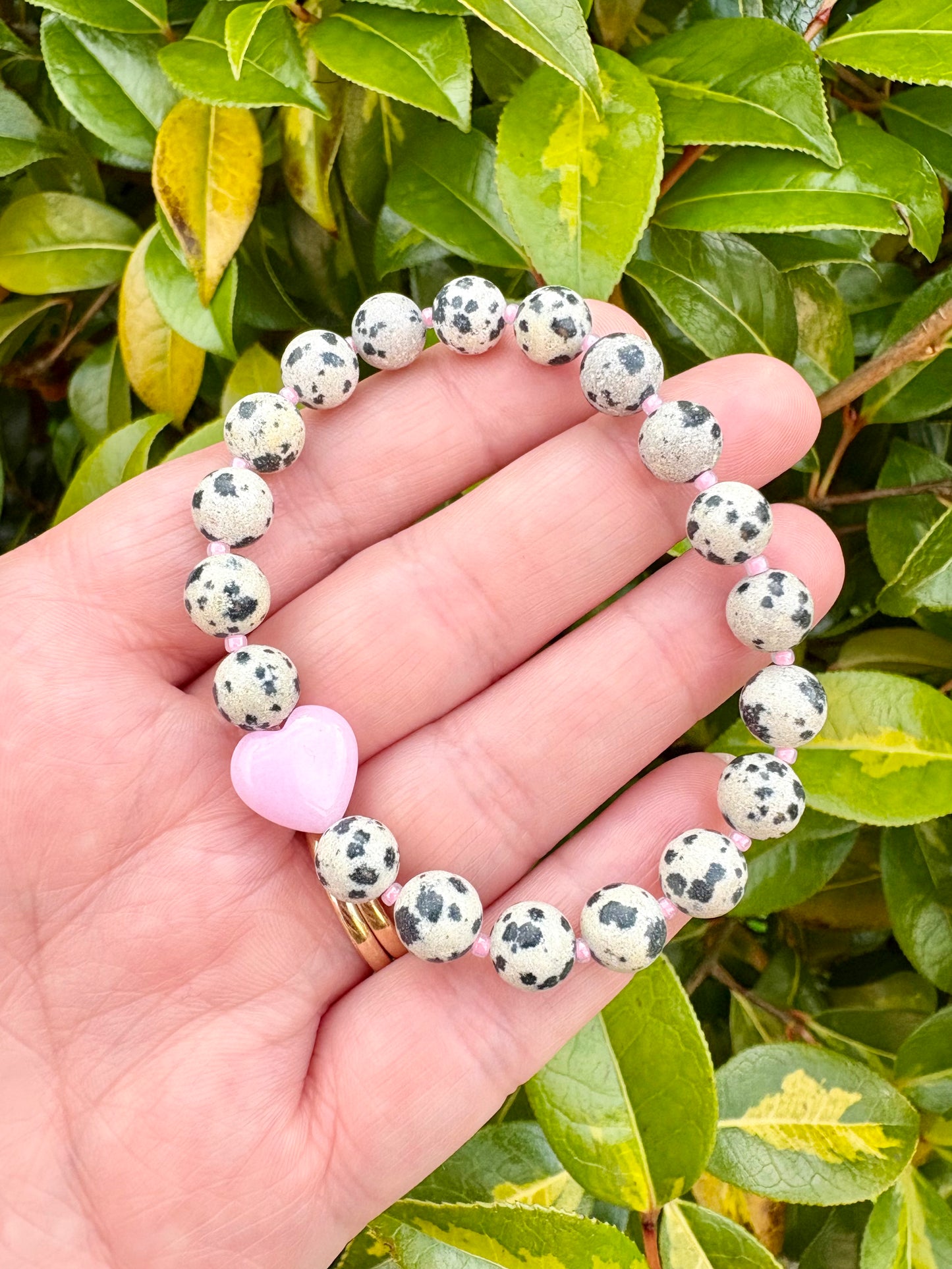 Dalmatian Jasper & Pink Heart Bracelet